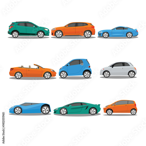 Vector illustration of modern car in cartoon flat style. Simple picture of land vehicle transportation. Familiy car side view. Modern technology automobile. Colorful exterior body car. SUV, compact 