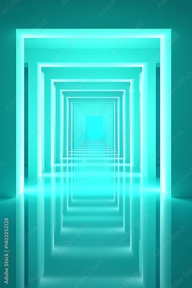 Glowing cyan hallway diminishing perspective creating an ethereal effect Glowing cyan hallway diminishing perspective creating an ethereal effect