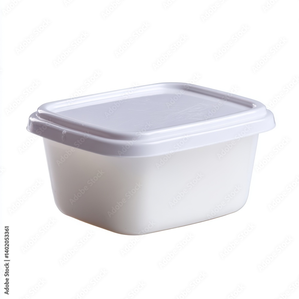 Close up view of a white plastic container with a closed lid isolated on white background Close up view of a white plastic container with a closed lid isolated on white background