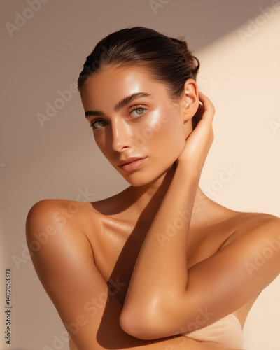 Beauty portrait of woman with glowing skin on beige background..