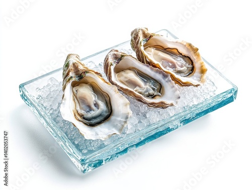 Fresh Oysters on Ice with Glass Plate