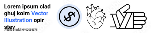 Dollar sign in circular frame, detailed realistic heart sketch, geometric thumbs up. Ideal for finance, health, approval, education, creativity, anatomy studies simple landing page