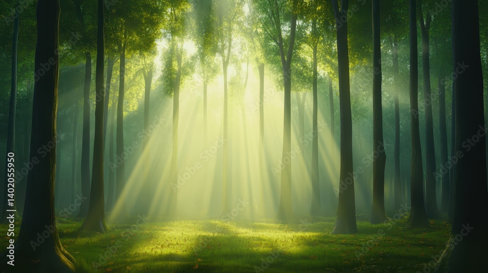 Fototapeta premium Magical forest sunbeams, serene nature landscape photography of sunlight through trees