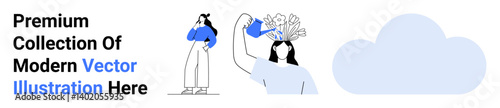 Woman nurturing herself with a watering can of flowers, figure in thoughtful pose, and cloud art. Ideal for self-care, growth, mental health, mindfulness, creativity, positivity flat landing page