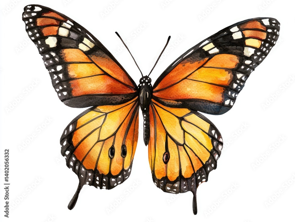 Fototapeta premium Vibrant orange and black butterfly, detailed watercolor illustration