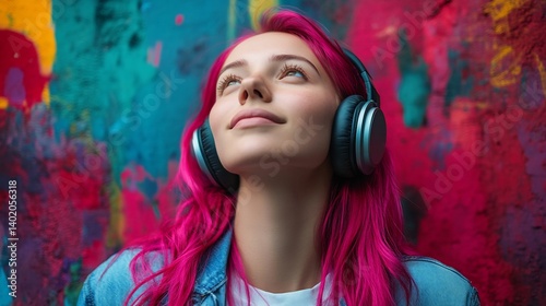 Wallpaper Mural Pink-haired woman enjoys music, colorful wall, urban setting, headphones Torontodigital.ca