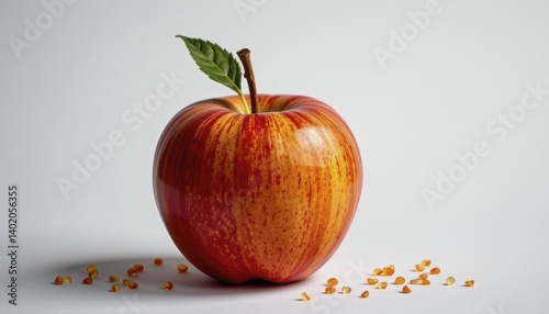 Overall, the apple on the white background offers a visual play of colors, textures, and sensory experiences that is both striking and subtly complex