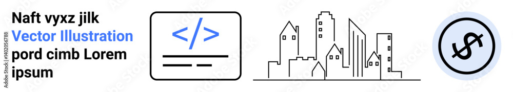Snippet of code with brackets, city skyline, and dollar symbol, representing programming, urbanization, and financial growth. Ideal for technology, real estate, economy startups coding business