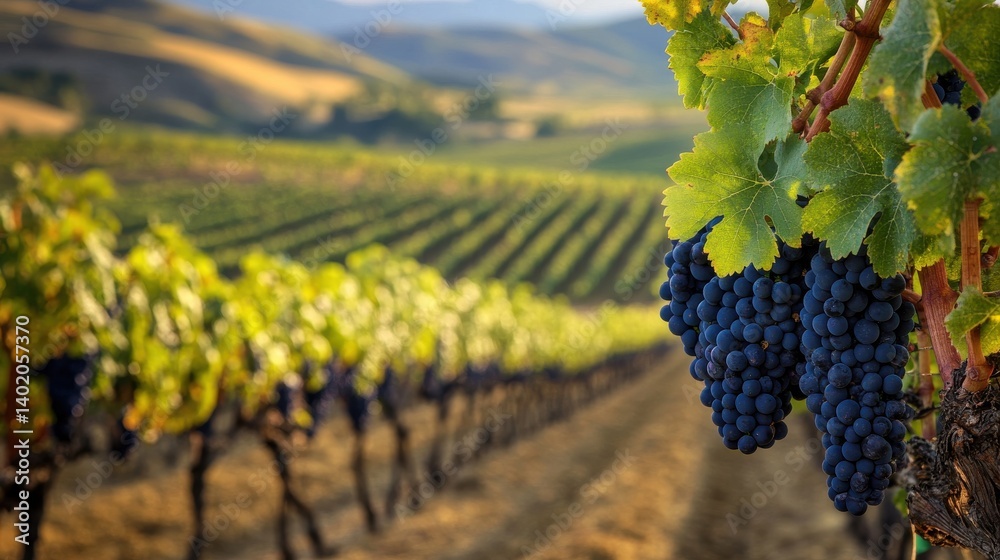 Naklejka premium Lush vineyard landscape with ripe grapes under a golden sunset sky