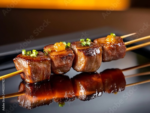 Caramelized Lamb Skewers on Reflective Surface