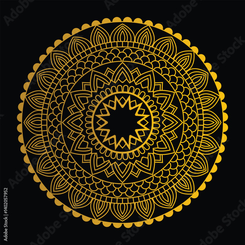clean simple mandala one color gold on black background.