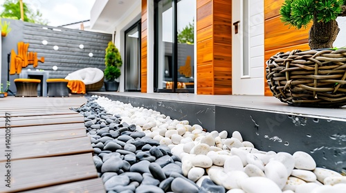 A modern outdoor patio area with a decorative pebble walkway.