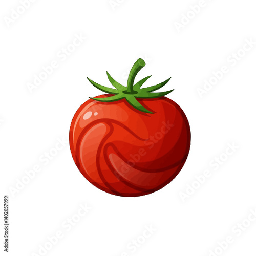 A ripe red tomato with a green stem