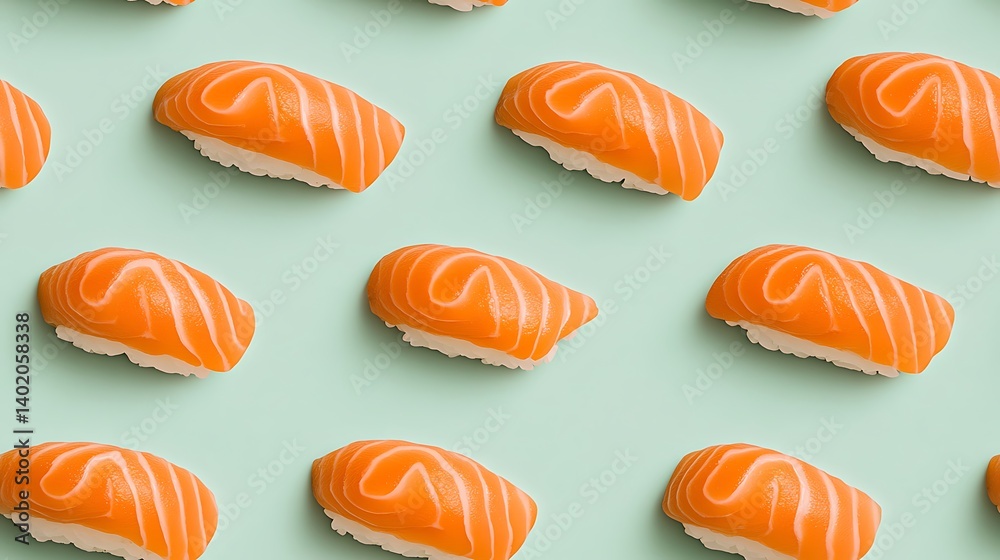 Fototapeta premium Salmon Nigiri Sushi Pattern on Pastel Green Background