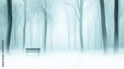 Enigmatic fogshrouded bench in a serene forest, tranquil escape into nature's embrace photo