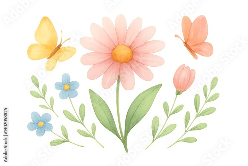 Elegant Spring Watercolor Floral Composition with Butterflies and Leaves