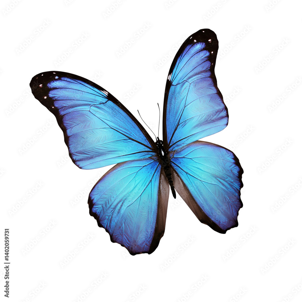 Fototapeta premium A Blue Morpho butterfly in mid-flight, wings angled upward, centered on white background
