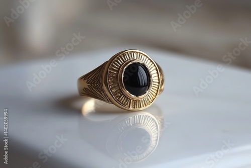 A heavy gold signet ring with a black onyx center, showcased on a matte white porcelain surface.