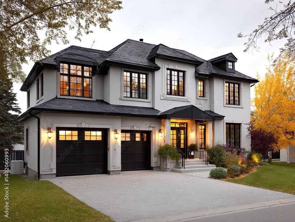A modern two-story house with a deep brown shingle roof and light gray stucco walls A modern two-story house with a deep brown shingle roof and light gray stucco walls