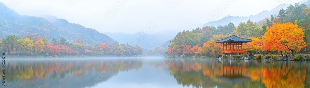 Tranquil lakeside pagoda, serene retreat amidst nature's embrace serene Tranquil lakeside pagoda, serene retreat amidst nature's embrace serene