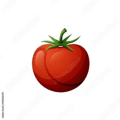 A ripe red tomato with green stem.