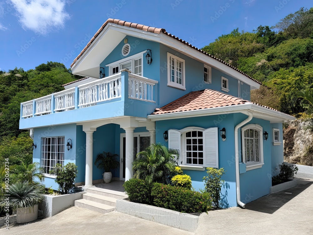 A radiant sky-blue villa with Mediterranean architecture, topped with a bright white roof and a spacious balcony A radiant sky-blue villa with Mediterranean architecture, topped with a bright white roof and a spacious balcony