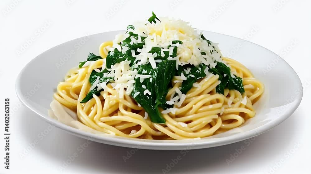 Spaghetti with Spinach and Parmesan Cheese on White Plate Spaghetti with Spinach and Parmesan Cheese on White Plate