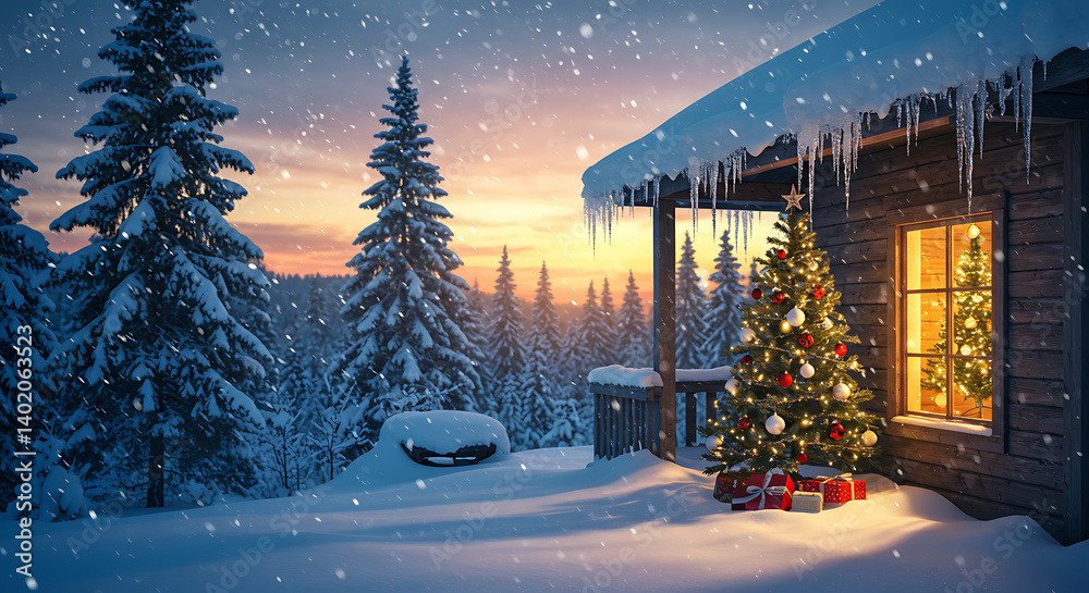 Fototapeta premium Winter's Embrace: Cabin Glow AI Generated