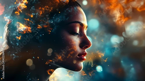 Woman's face engulfed in fiery, cosmic background