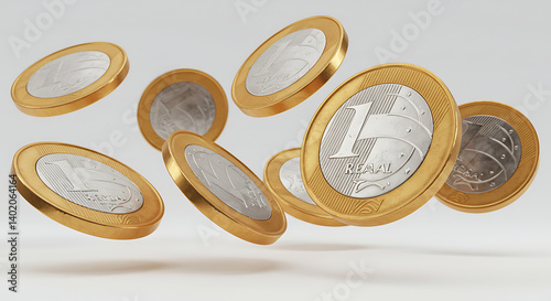 Golden Brazilian Real Coins Floating, Illustrating Financial Stability and Currency photo