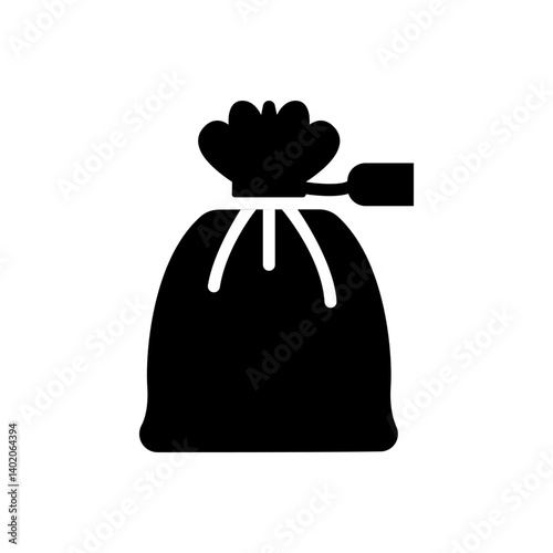 A black bag with a tag on it. The bag is tied with a string