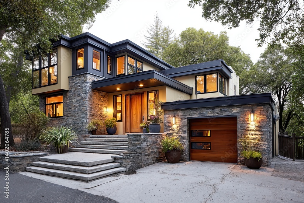 A refined modern home with pale yellow walls and black-framed windows, accented by polished stone detailing A refined modern home with pale yellow walls and black-framed windows, accented by polished stone detailing