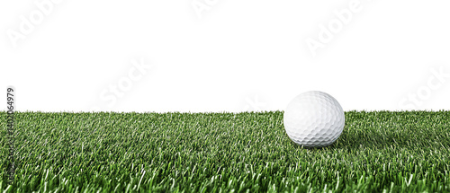 golf ball on horizon of artificial turf isolated on white
