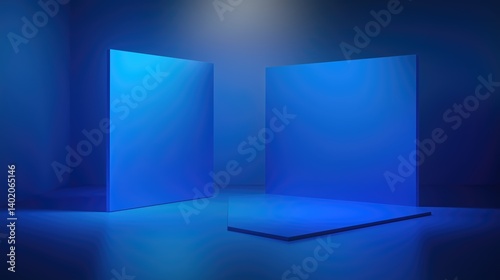 Empty, modern, blue product display.  A minimalist, illuminated presentation space with two large, rectangular, vibrant blue surfaces