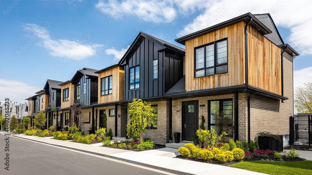A scenic photo of a modern housing development with light brown brick and natural wooden accents, featuring black roofs A scenic photo of a modern housing development with light brown brick and natural wooden accents, featuring black roofs