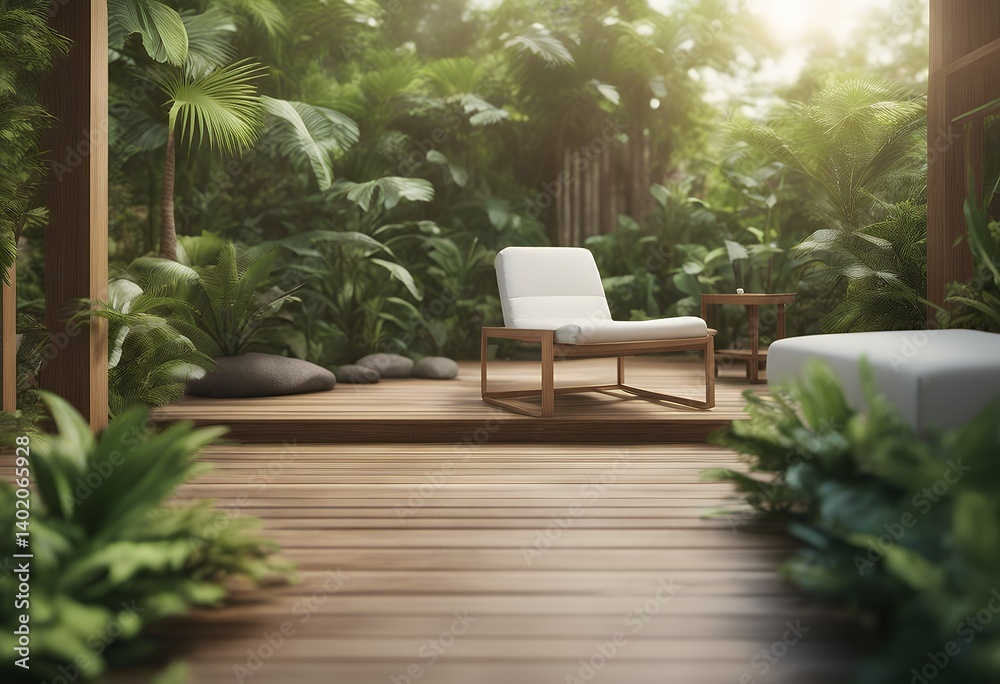 Obraz premium chair garden terrace 3d are green render floor wood wooden surrounded nature decorated fence fabric white there plant tropical luxury pool patio tree relax fresh sunlight home furniture house plank