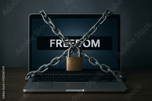 A laptop with the word “FREEDOM” on screen wrapped in heavy chains and padlock, visualizing internet censorship and online restrictions.