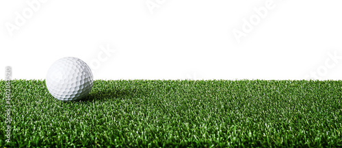 golf ball on horizon of artificial turf isolated on white