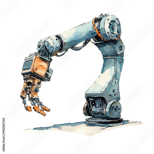 watercolor of Robotic Arm Assembling Parts, vector, isolated on a white background.