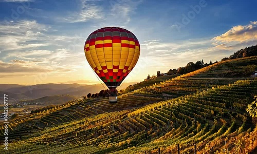 Hot air balloon ride over vineyard at sunset scenic landscape adventure travel destination experience