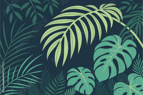 45 Lush tropical foliage, dense jungle canopy, vibrant green leaves, exotic plant varieties, philodendron, monstera, palm fronds, dark background, rich textures, botanical illustration style, high con