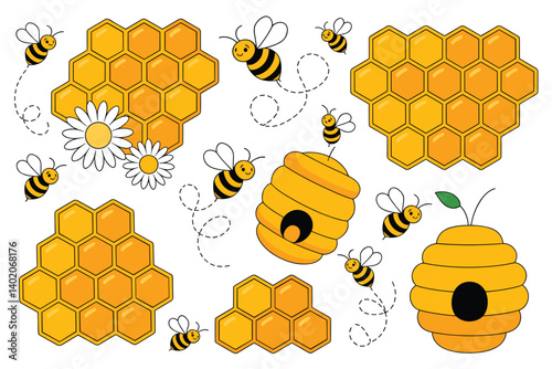 Cartoon illustration of bees, honeycombs and flowers in a summer scene.