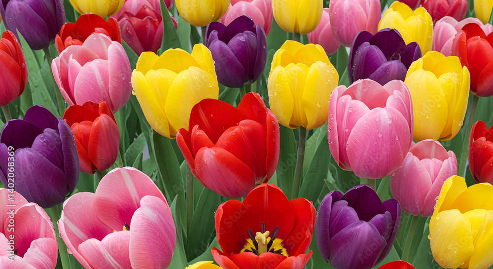 Fototapeta premium Colorful Tulip Field Background in Soft Morning Light