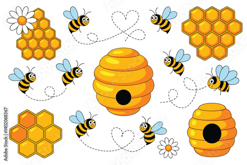 Cartoon illustration of bees, honeycombs and flowers in a summer scene.