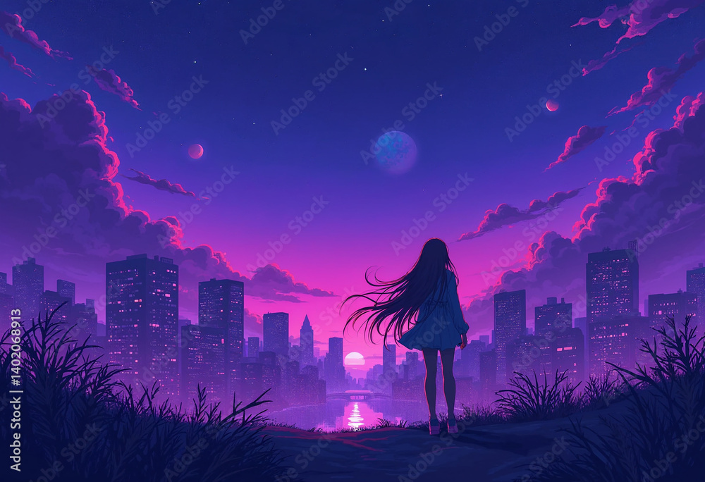 Naklejka premium chill lofi vibes with night skyline and purple