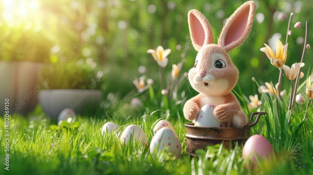 Adorable Easter Bunny Hiding Colorful Eggs in Grass