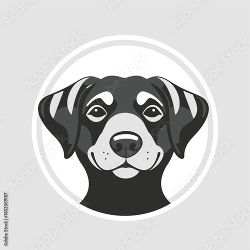 Stylized Dog Portrait: Black and White Canine Face in Circular Frame.