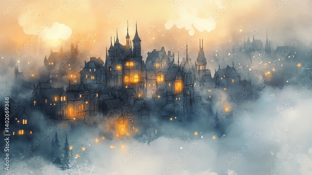 Fototapeta premium Watercolor Enchanting Aerial View of Mystical City in Clouds - Mystical city, aerial view, watercolor, clouds, enchanting fantasy. Symbolizing magic, wonder, serenity, mystery, and escapism