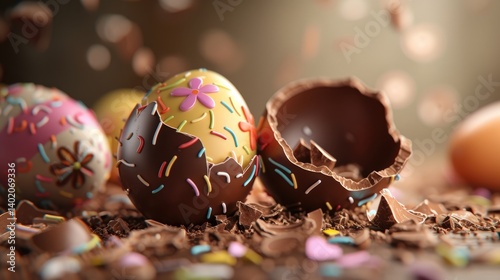Obraz na płótnie Decorated Chocolate Easter Eggs Broken Chocolate Pieces w salonie