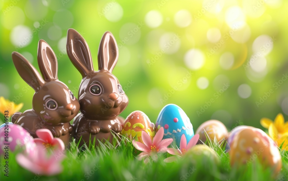 Two chocolate bunnies sit amidst colorful Easter eggs and spring flowers in vibrant green grass.